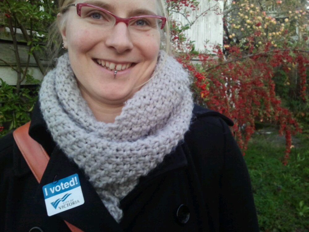 Rebecca Cory with an "I voted" sticker on from the City of Victoria