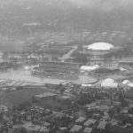 An aerial photo of Calgary, the Stampede grounds, flooded
