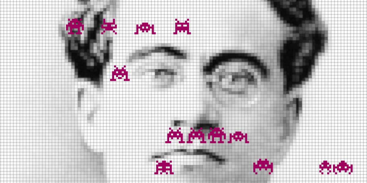 Space invaders crawl down a pixelated image of Gramsci's face
