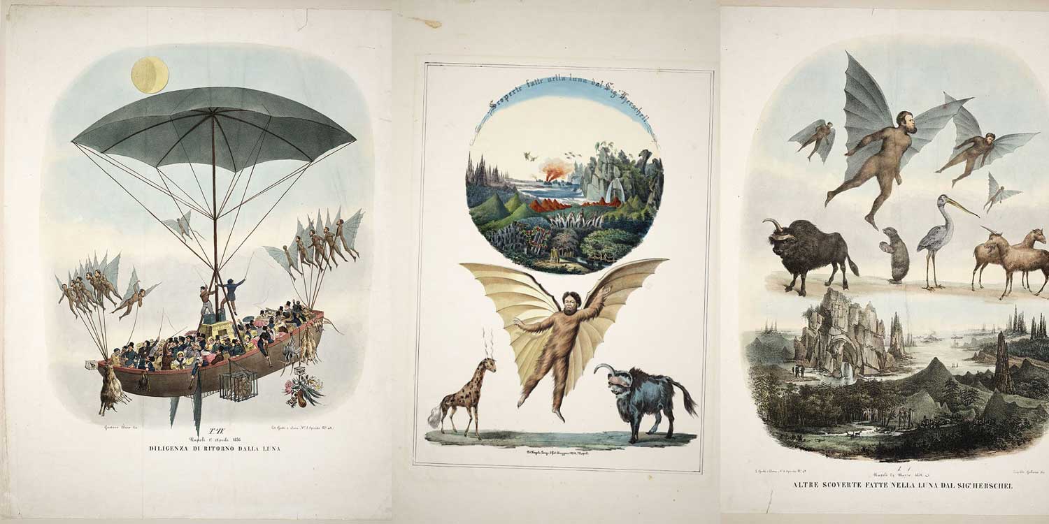 Panels of illustrations from the Great Moon Hoax of 1835.
