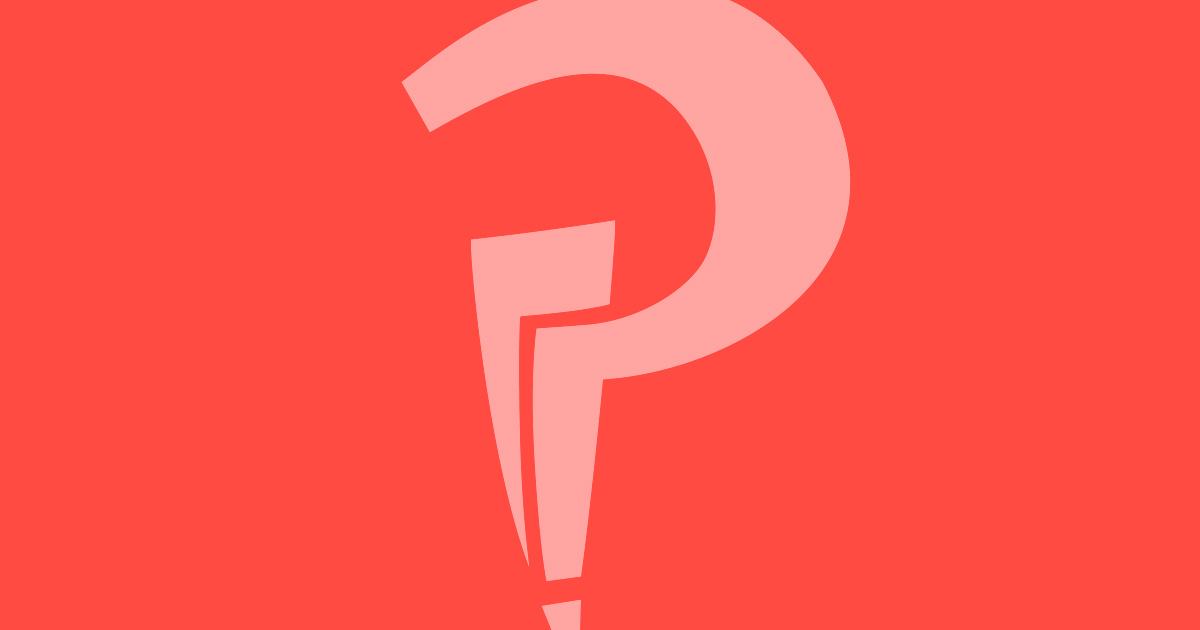 An interrobang on a plain tomato background.