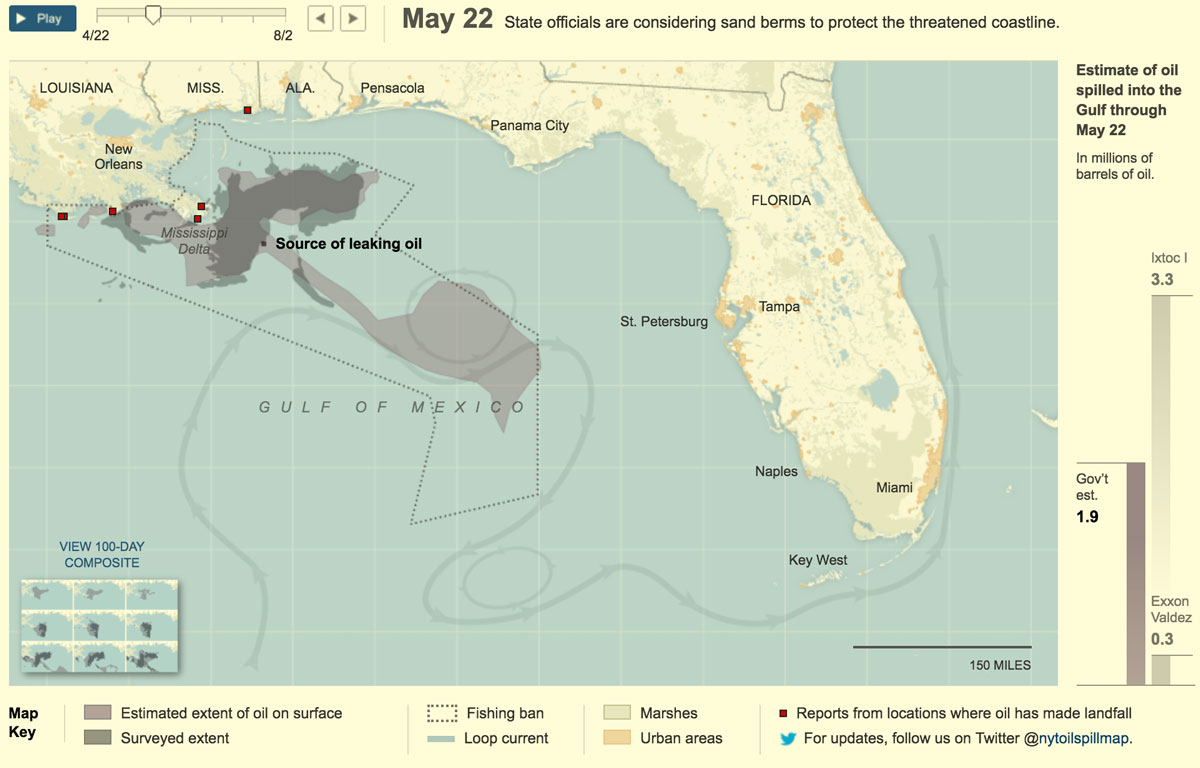 A screenshot of the spill tracker in the Gulf of Mexico from May 22.
