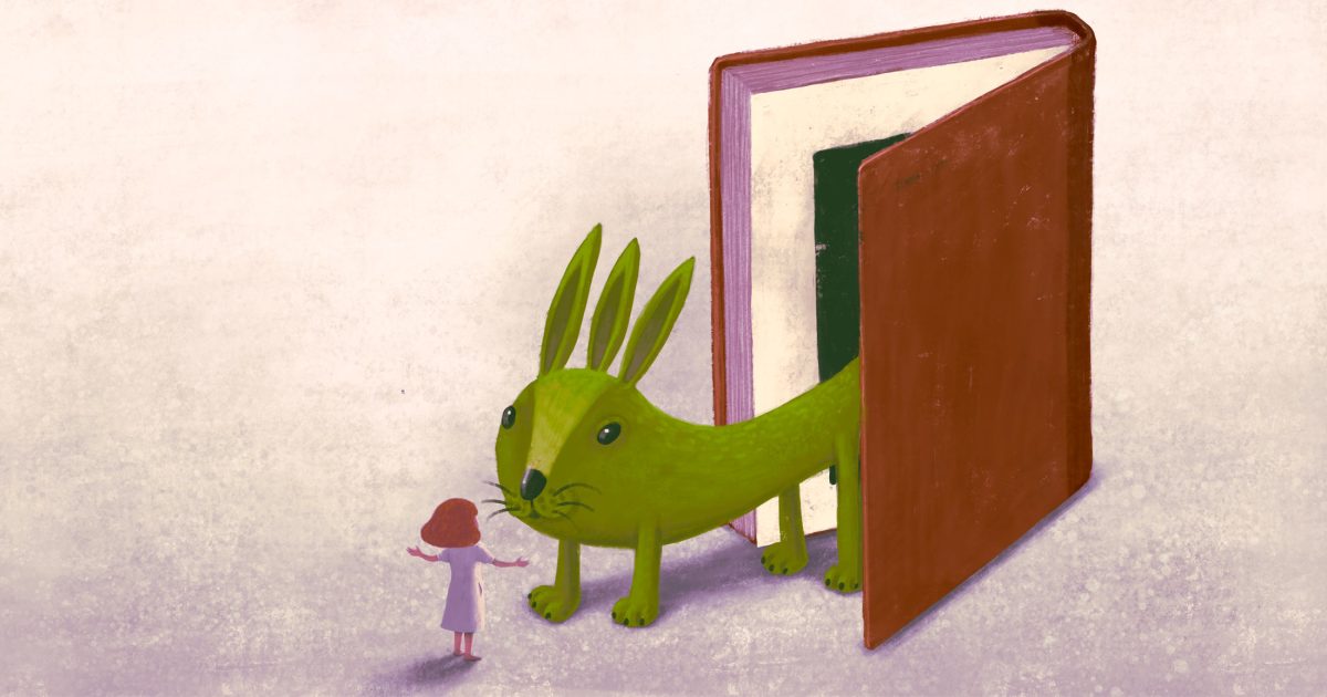 Illustration of a tiny person and a giant book and there's a green rabbit walking out of the book to greet the tiny human.