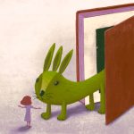 Illustration of a tiny person and a giant book and there's a green rabbit walking out of the book to greet the tiny human.