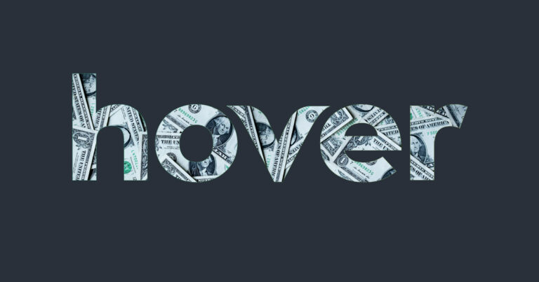 The Hover logo is filled with American dollar bills.